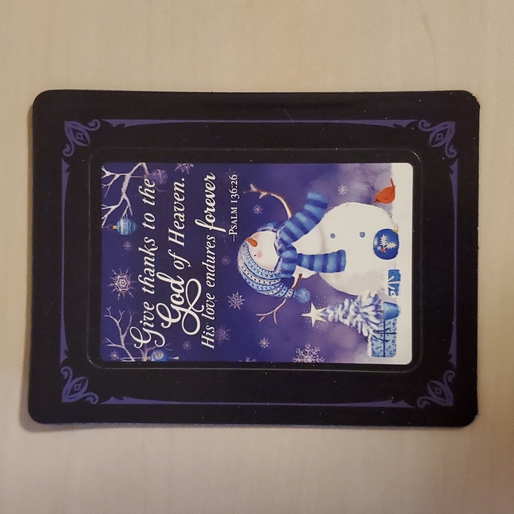 Magnet features Snowman with Psalms 136:26 Quote